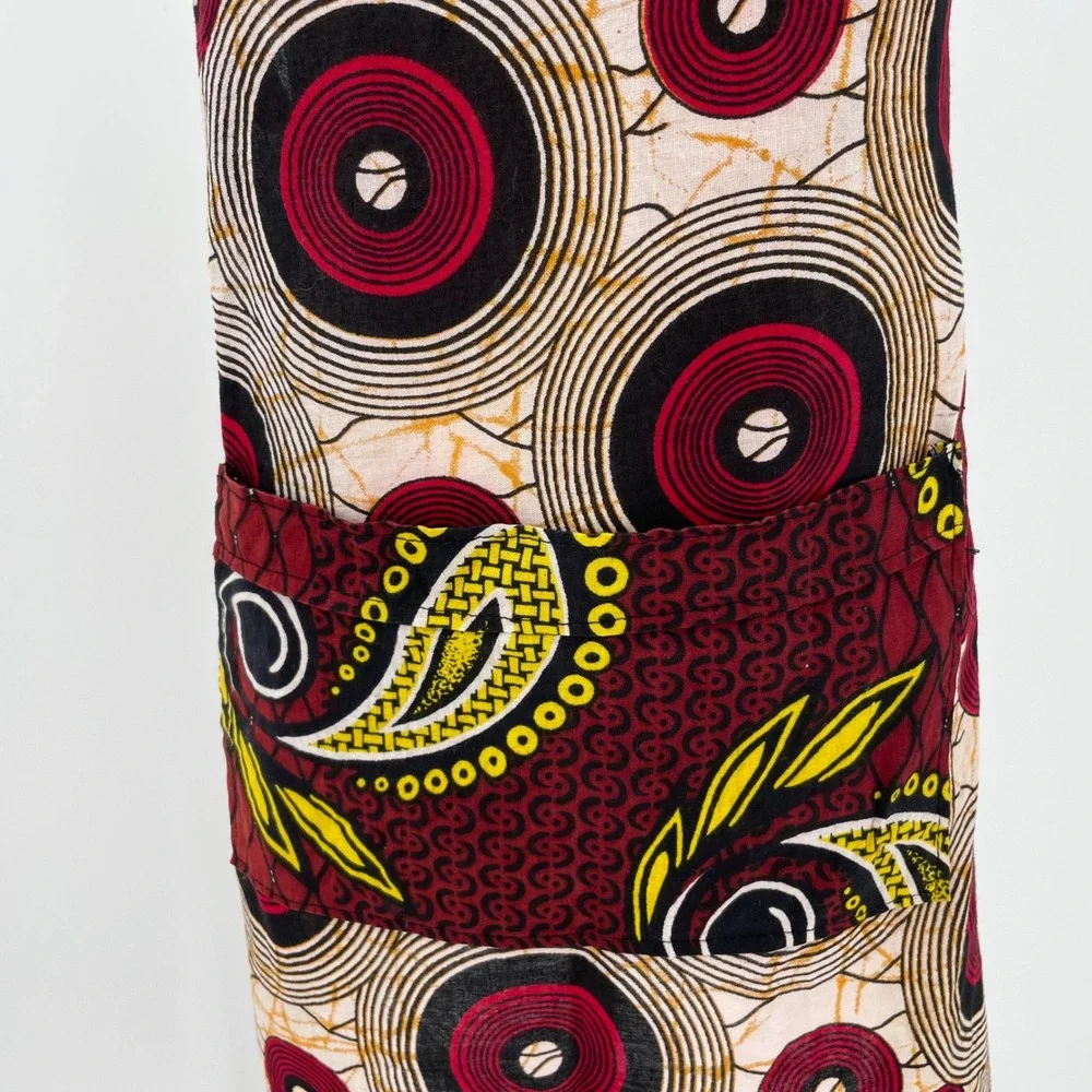 Dsenyo African Wax Print Apron Handmade in Malawi Red Black Geometric Paisley